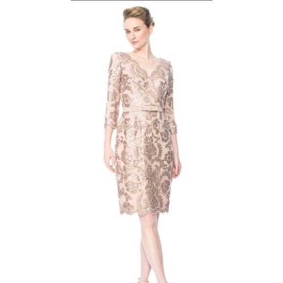 Tadashi Shoji Lace 3/4 Sleeve V-Neck Paillette Sequin Embroidered midi Dress - Picture 1 of 12